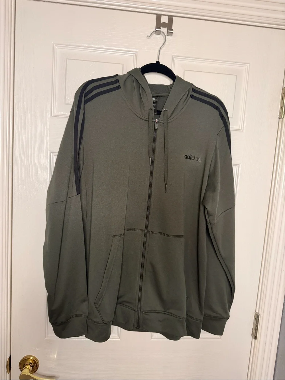 adidas Olive Green Full-Zip Hooded Jacket with Black Stripes